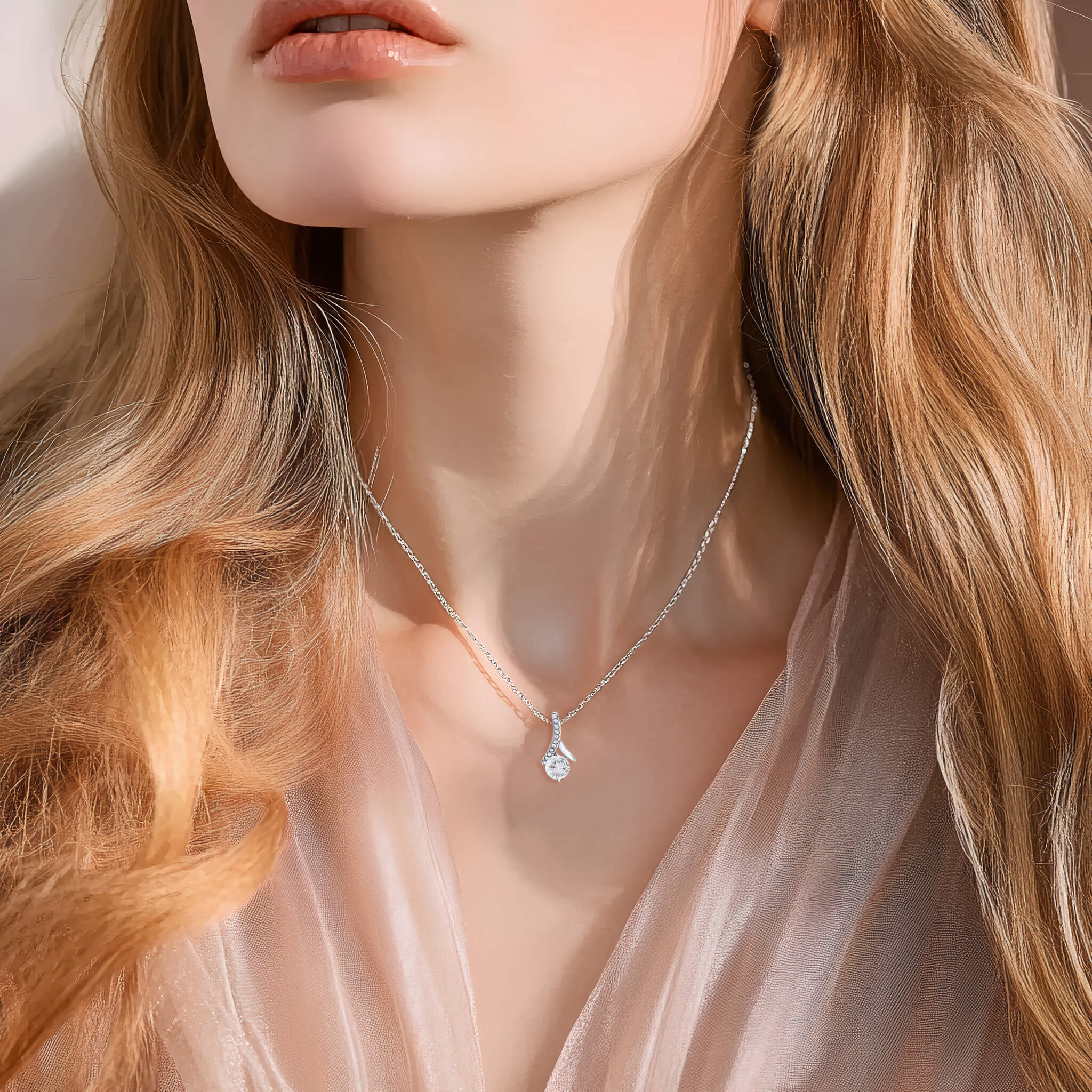 Model wearing the Allure necklace in 14k white gold finish. The pendant rests just below her collar bone with the crystal gleaming softly in the natural light.