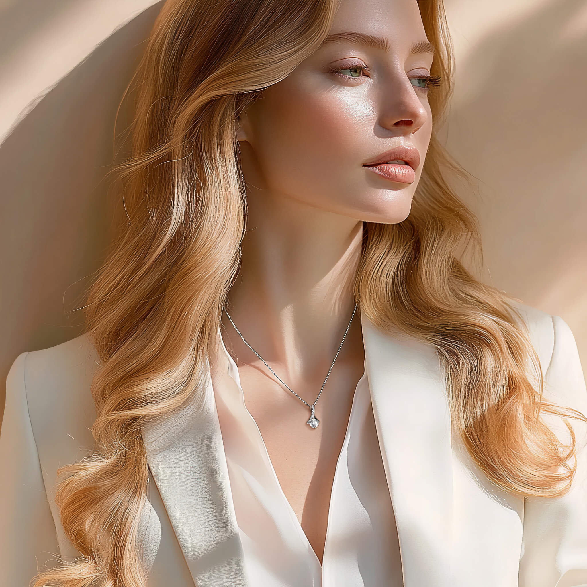 Model wearing the Allure necklace in 14k white gold finish with a white blazer and blouse in soft natural light, highlighting the delicate chain of the necklace.