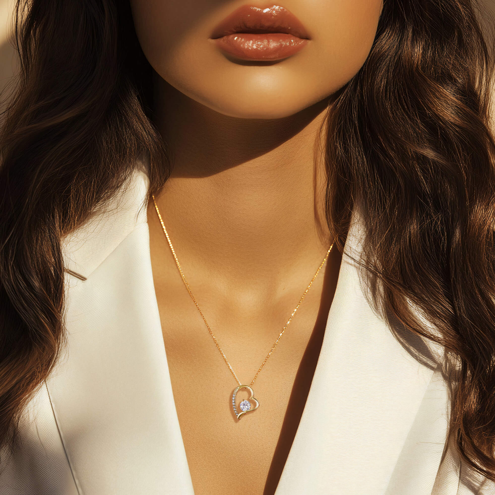 Model wearing the Passion necklace in 18k gold finish with a white blazer in natural sunlight, highlighting the sparkle of the chain and pendant.