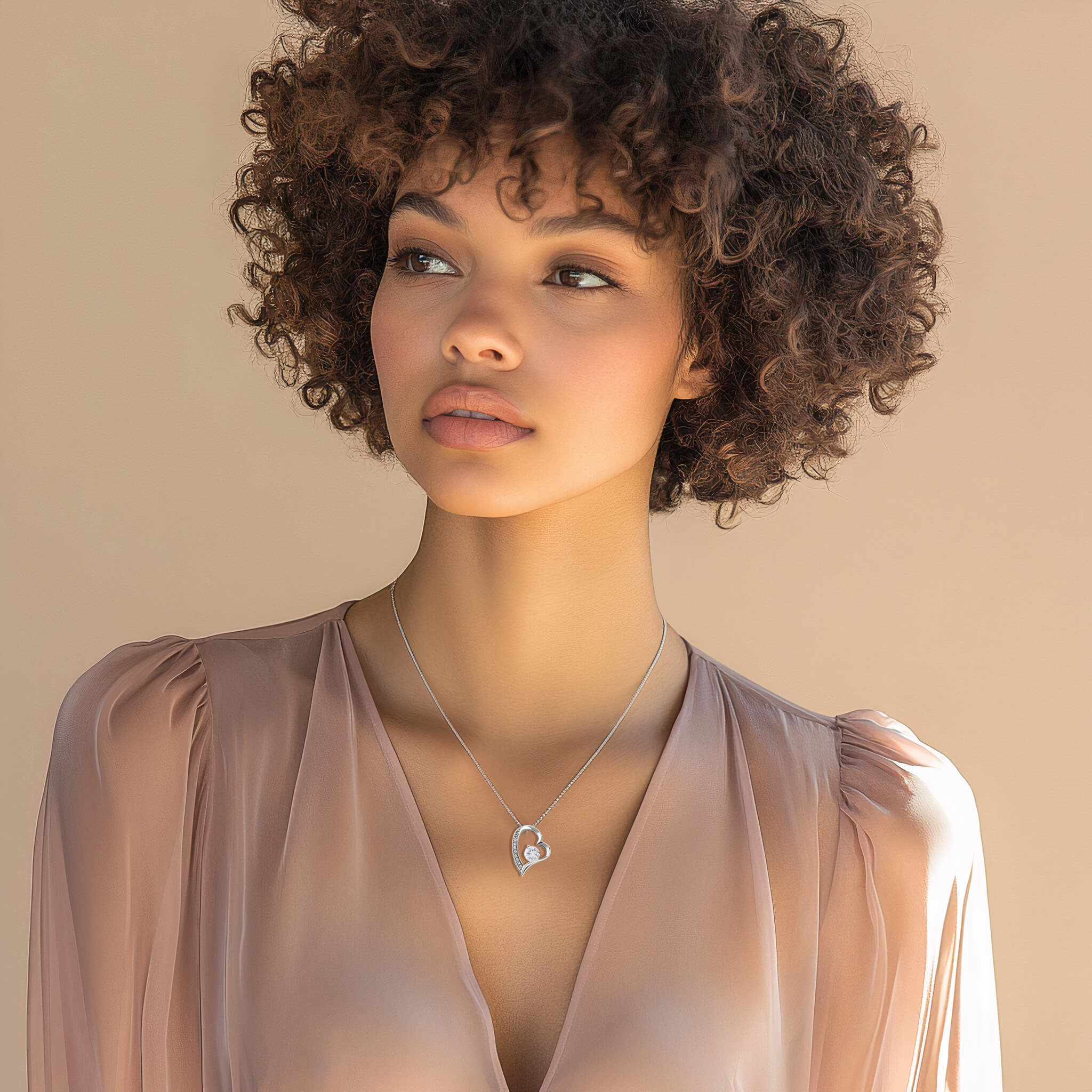 Model wearing the Passion necklace in 14k white gold finish with a sheer chiffon blouse in soft natural light. The pendant rests a couple inches below her collarbone.