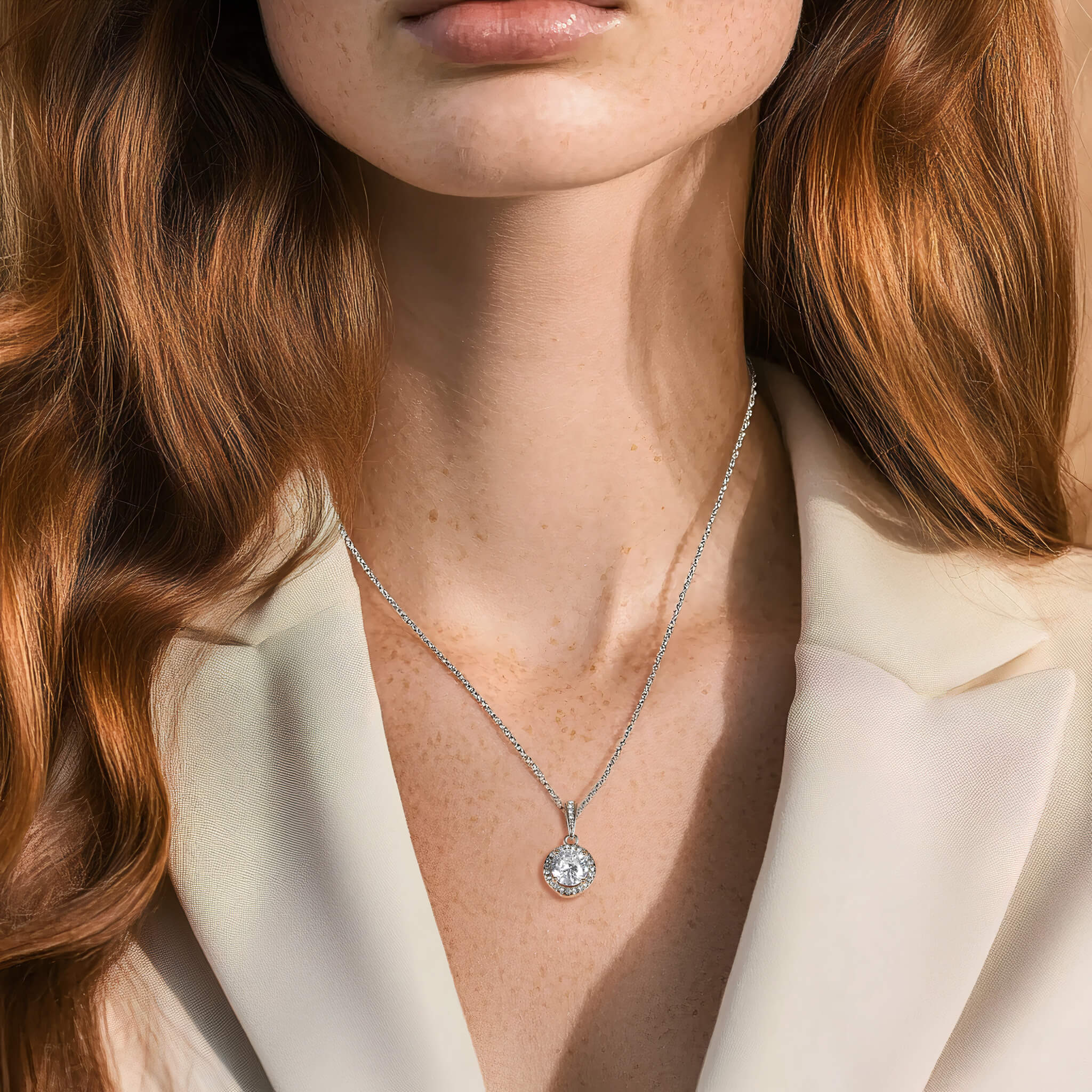 Model wearing the Prosperity necklace with a white blazer in soft natural light, highlighting the sparkle of the center crystal.