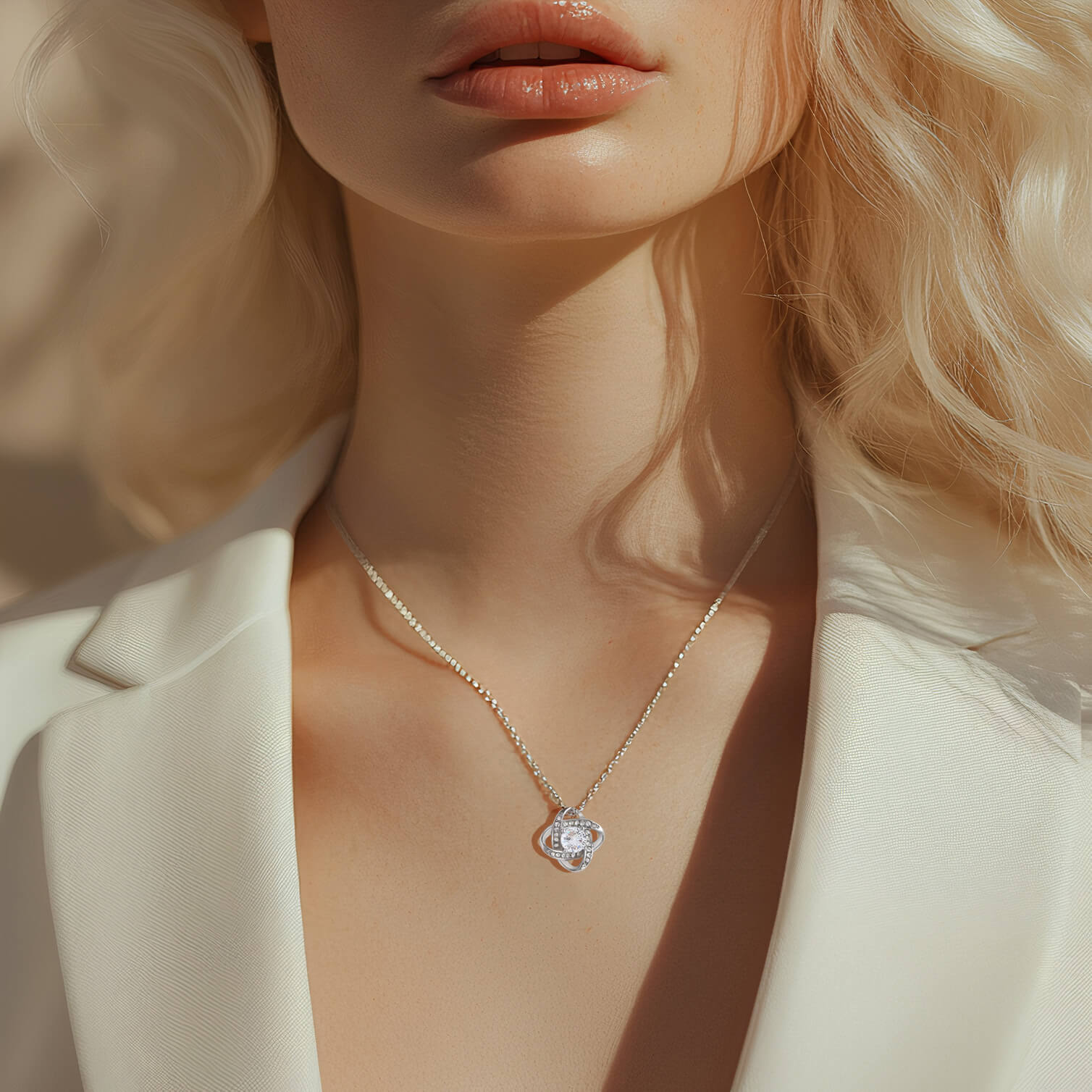 Model wearing Radiance necklace in 14k white gold finish with a white blazer in natural sunlight, showcasing the sparkle of the delicate chain and pendant.